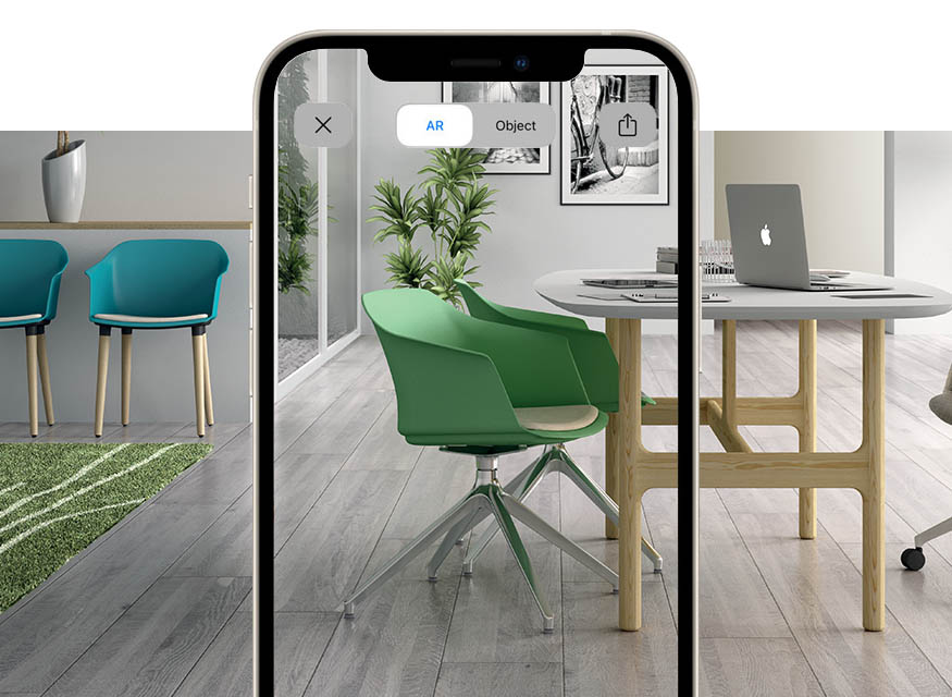 Sillas comunitarias, sillas de oficina, sofas de sala de espera y mesas con realidad aumentada